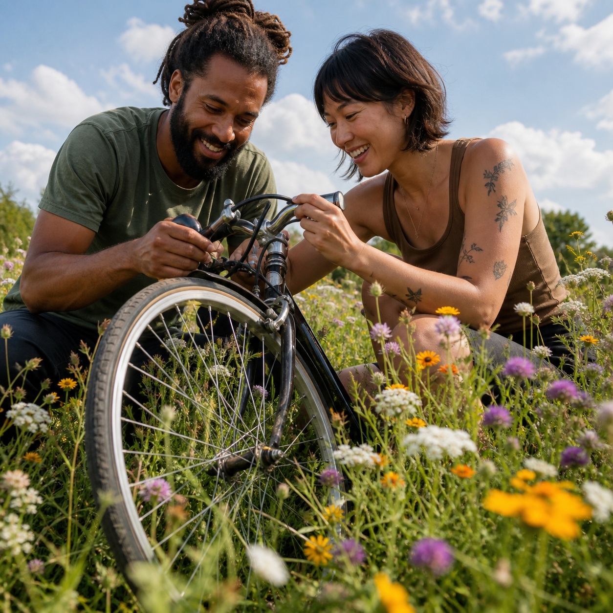 Preview for Couple Fixing Bicycle In Flower Field Background