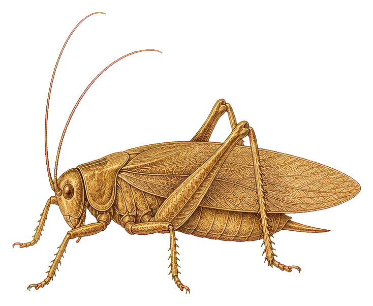Vintage scientific illustration of a tan insect with long antennae and folded wings