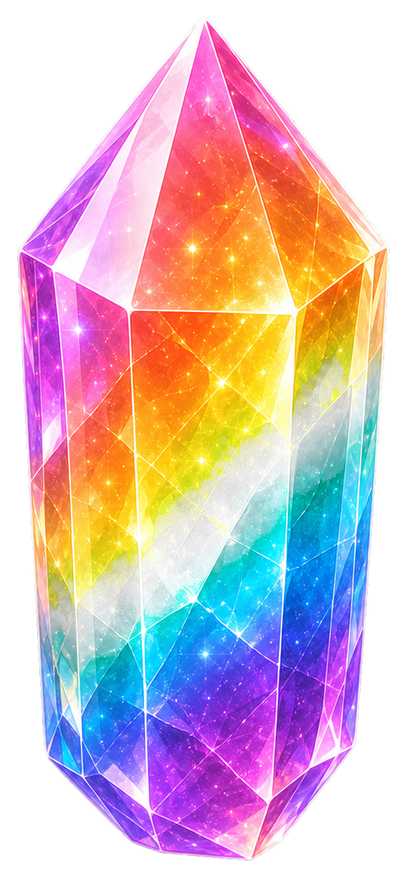 Faceted rainbow crystal with bright pink, orange, yellow, green, blue, and purple colors