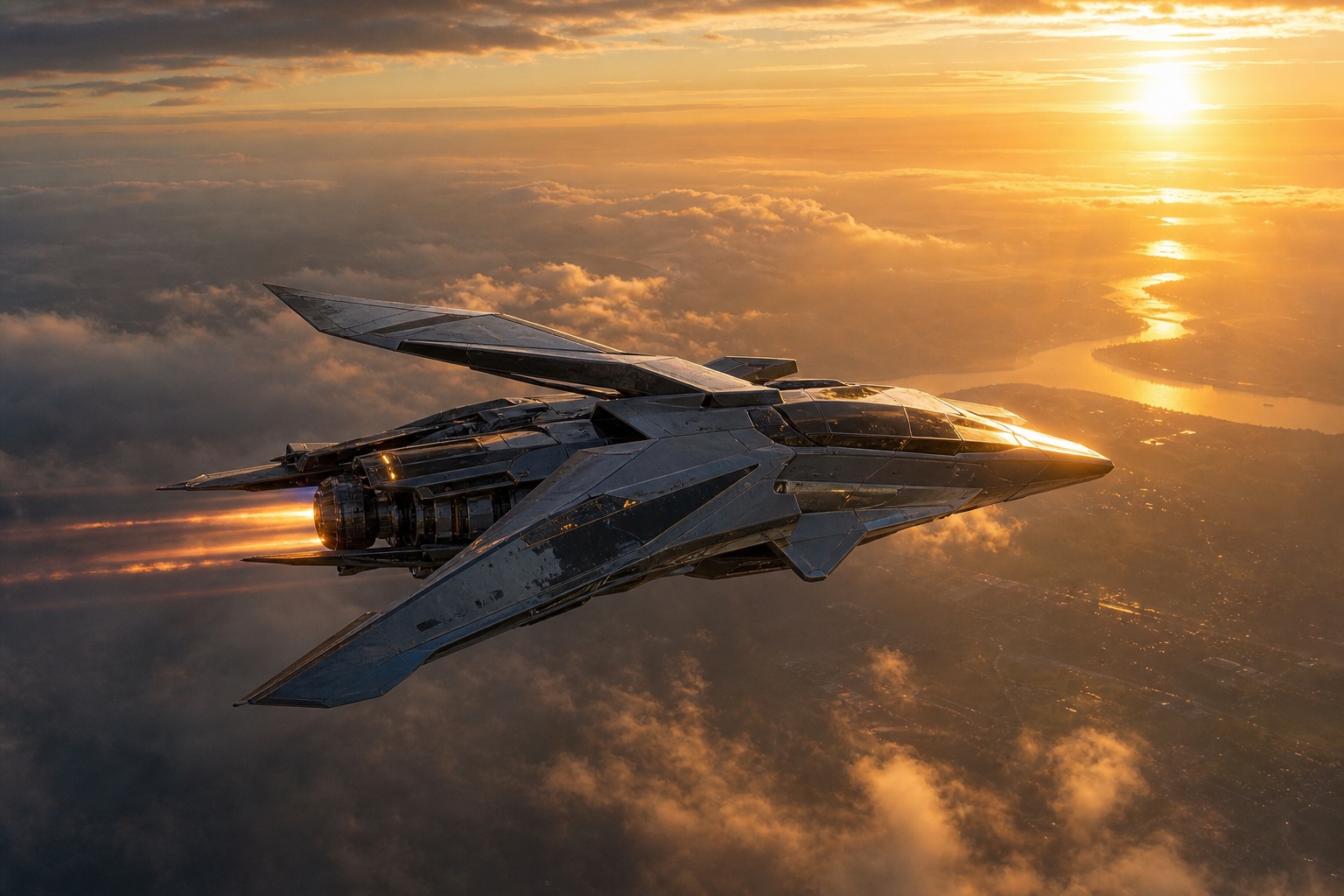 Futuristic interceptor spacecraft flying above clouds at golden hour
