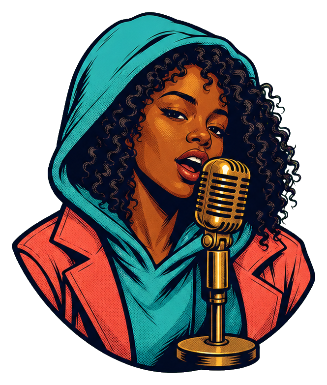 Cyan hooded singer speaking into a vintage microphone sticker