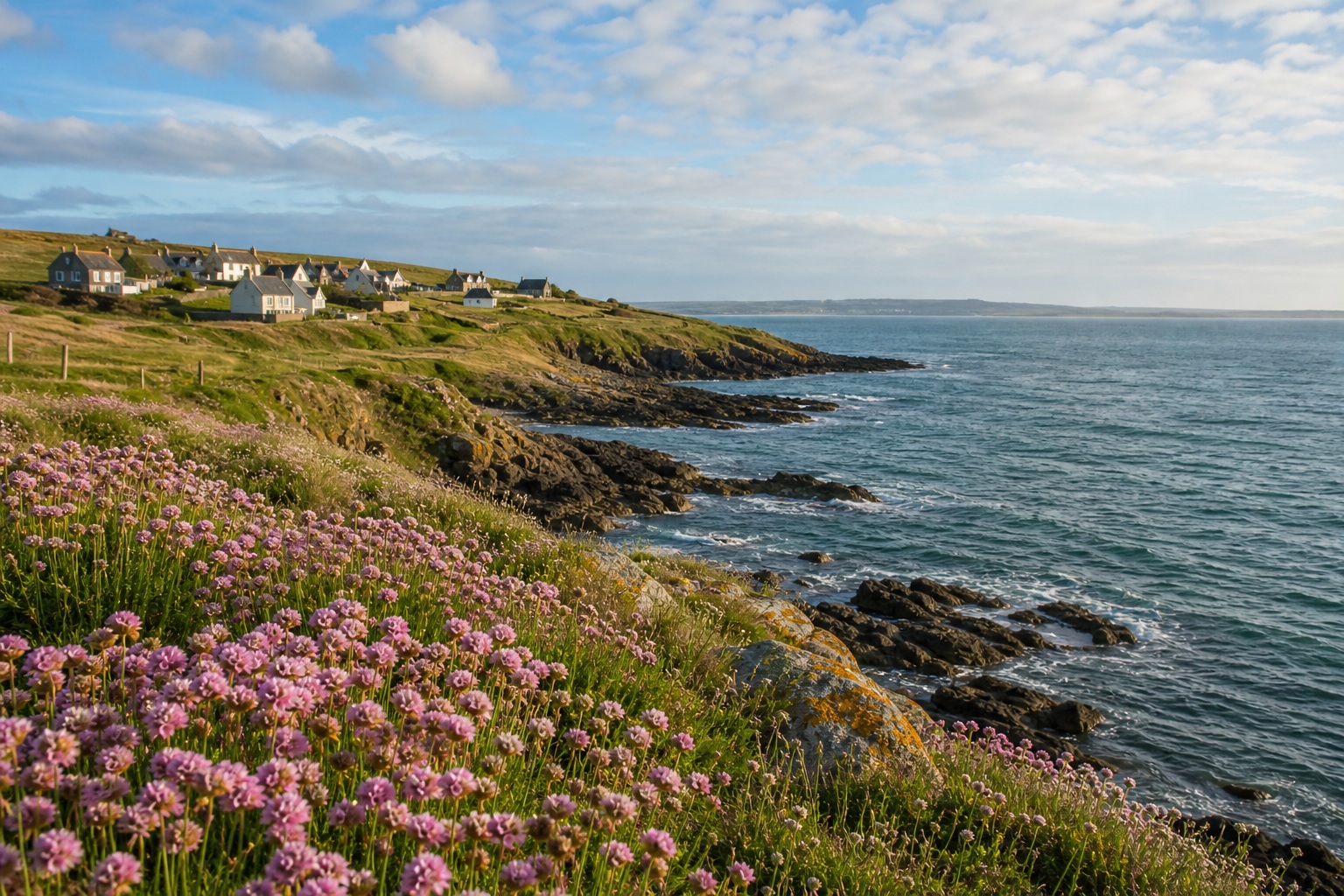Wildflowers on a headland above cliffside homes and a rocky ocean shoreline.