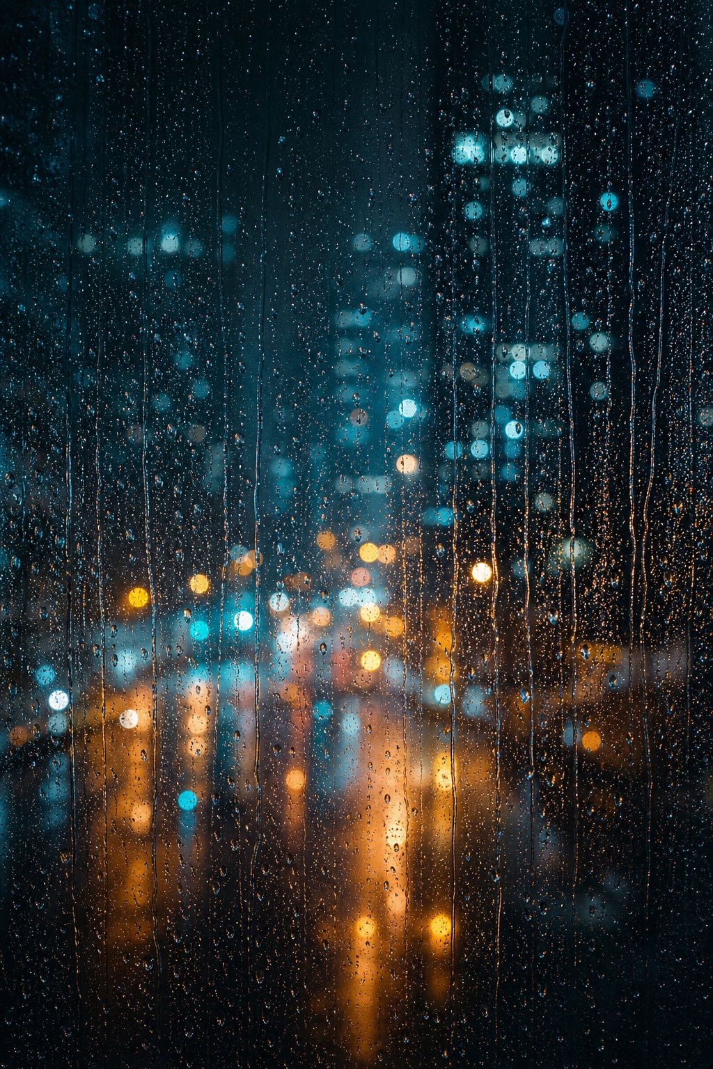 Blurred rainy city street with glowing bokeh lights seen through wet glass at night
