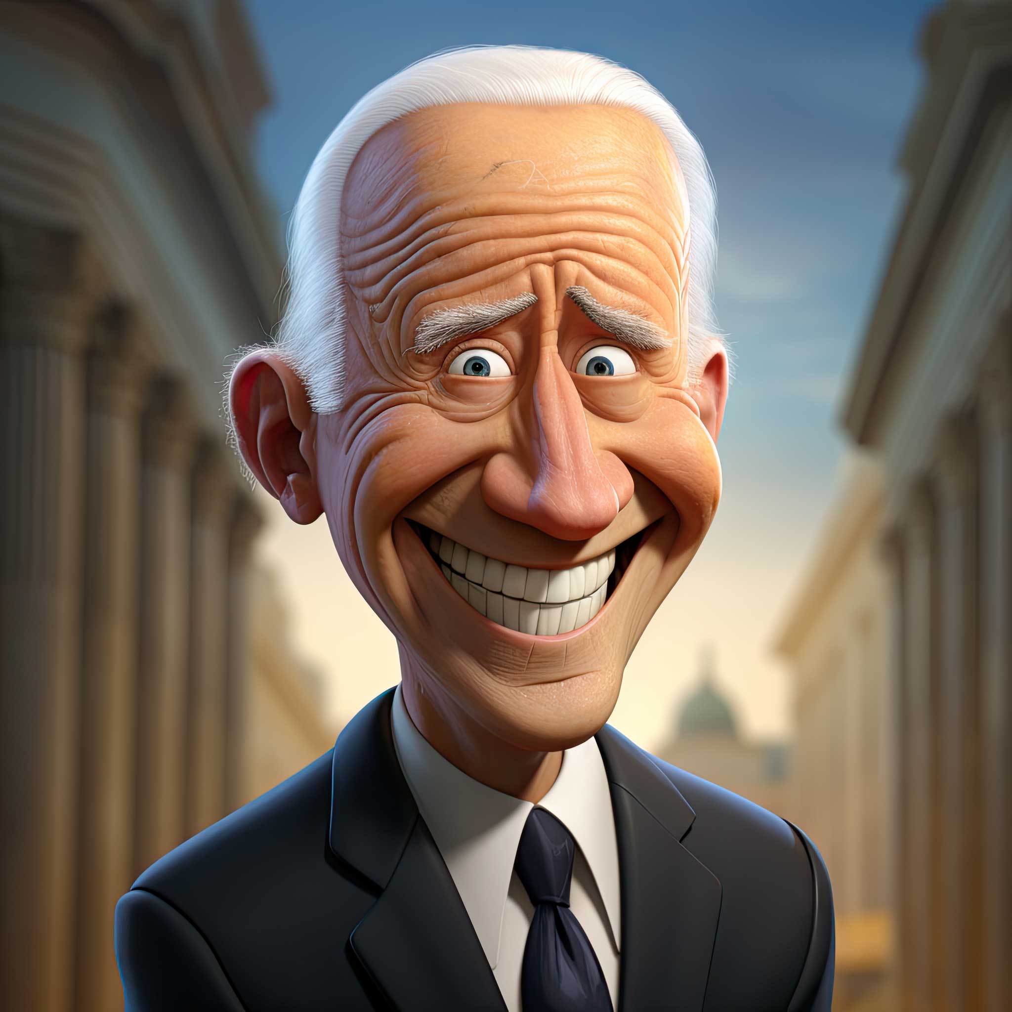 Smiling caricature portrait of Joe Biden in a suit with a blurred building background.