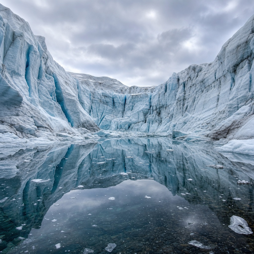 Blue glacier walls surrounding a calm icy water reflection under cloudy sky