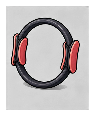 A black pilates ring with red grips on the sides.