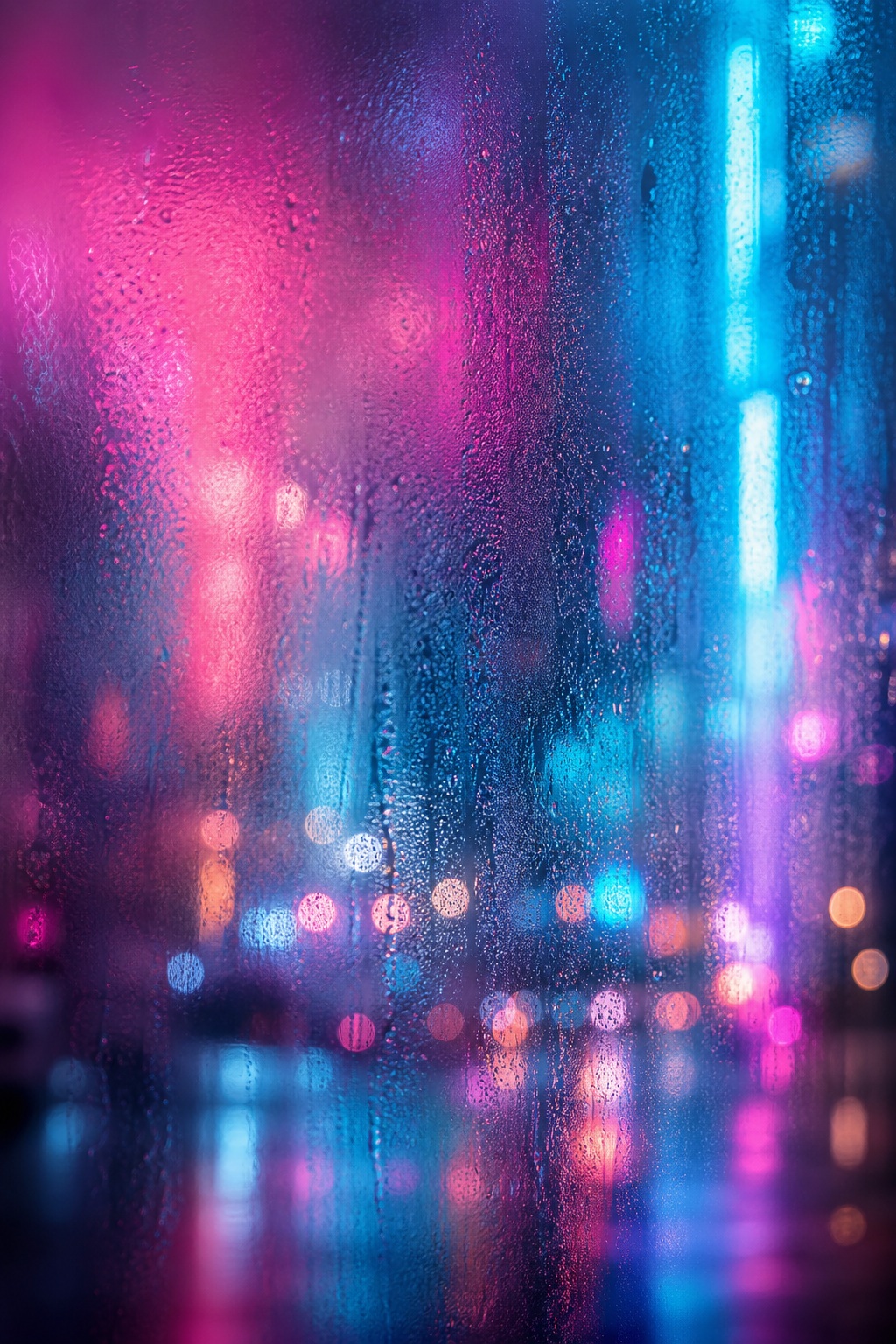 Vertical neon city lights blurred into pink, blue, and purple bokeh on a dark background.
