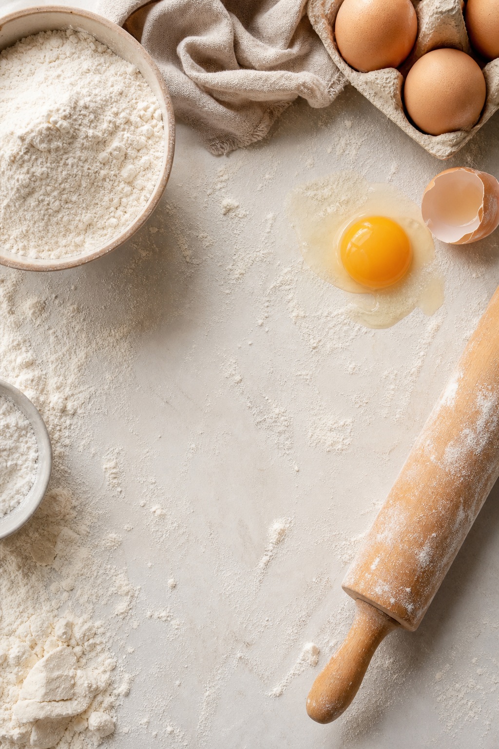 Flour, eggs, a rolling pin, and baking tools arranged on a neutral tabletop