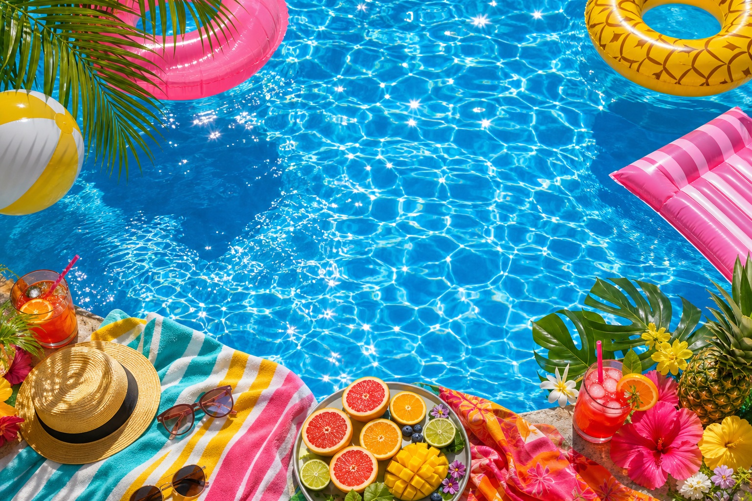 Tropical pool party scene with blue water, colorful floats, and summer decorations