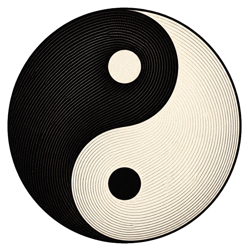 Black and cream yin yang symbol with fine concentric ink engraving lines