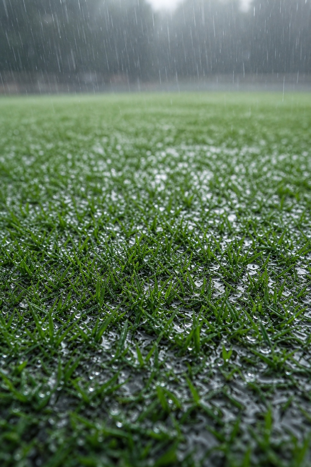 Close-up view of wet green soccer turf with rain falling in the background.
