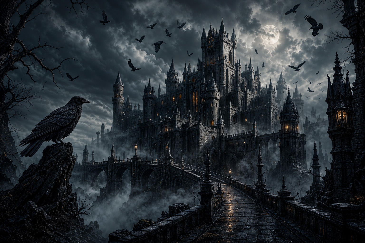 Dark gothic castle with towers, ravens, and a stormy sky over a bridge.