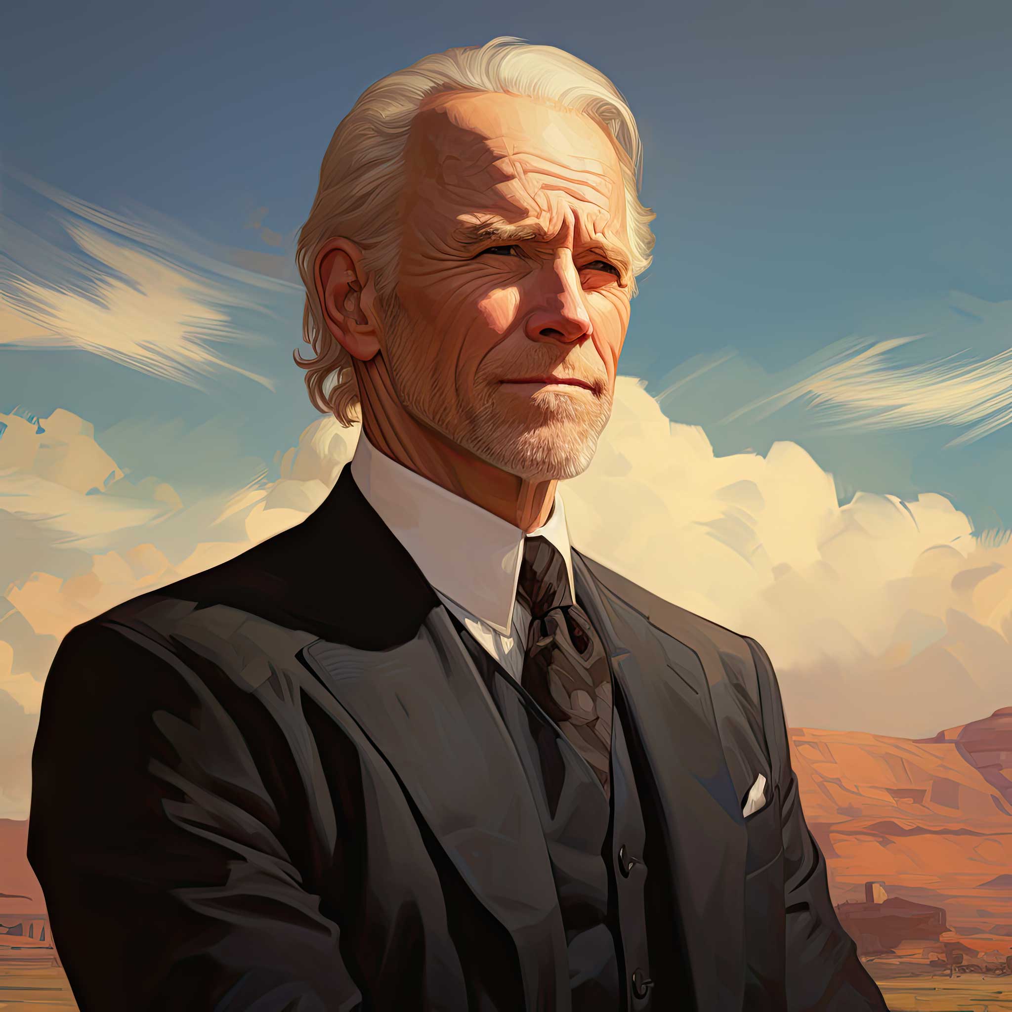 Illustrated elderly man in a dark suit standing against a cloudy desert sky.
