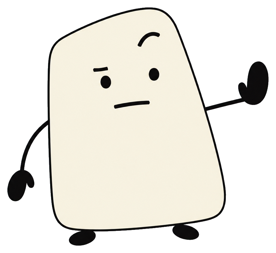 Cream-colored rounded character sticker with a skeptical brow and simple black limbs