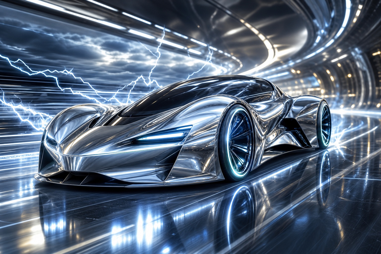 Chrome concept car racing through a futuristic tunnel with blue lightning effects
