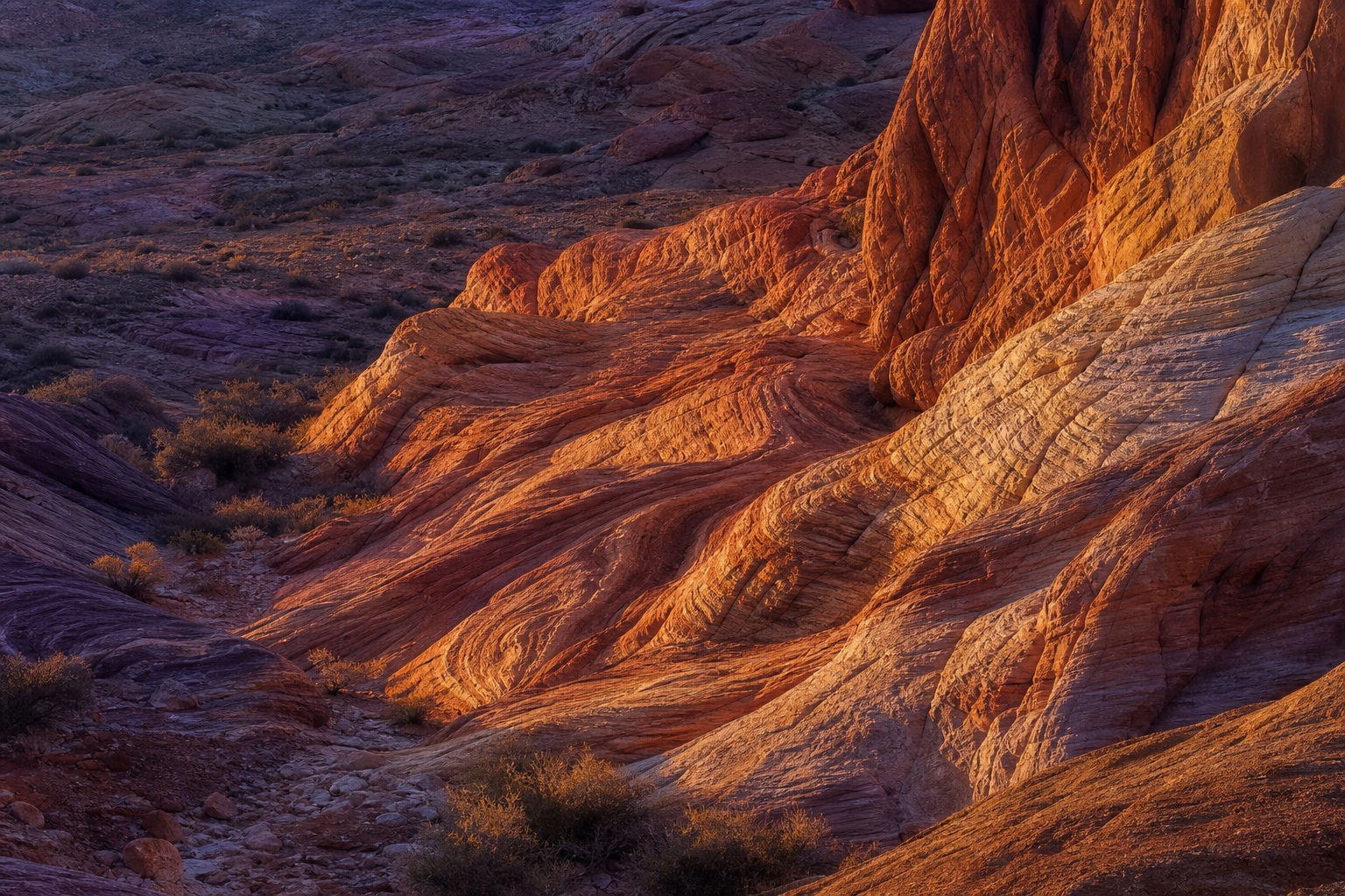 Sunlit sandstone canyon folds with warm red rock ridges and deep shadowed valleys.