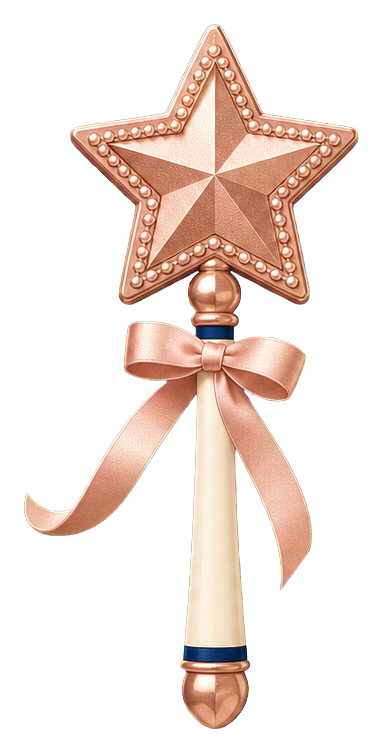 A rose gold star wand with a ribbon bow and pointed star top