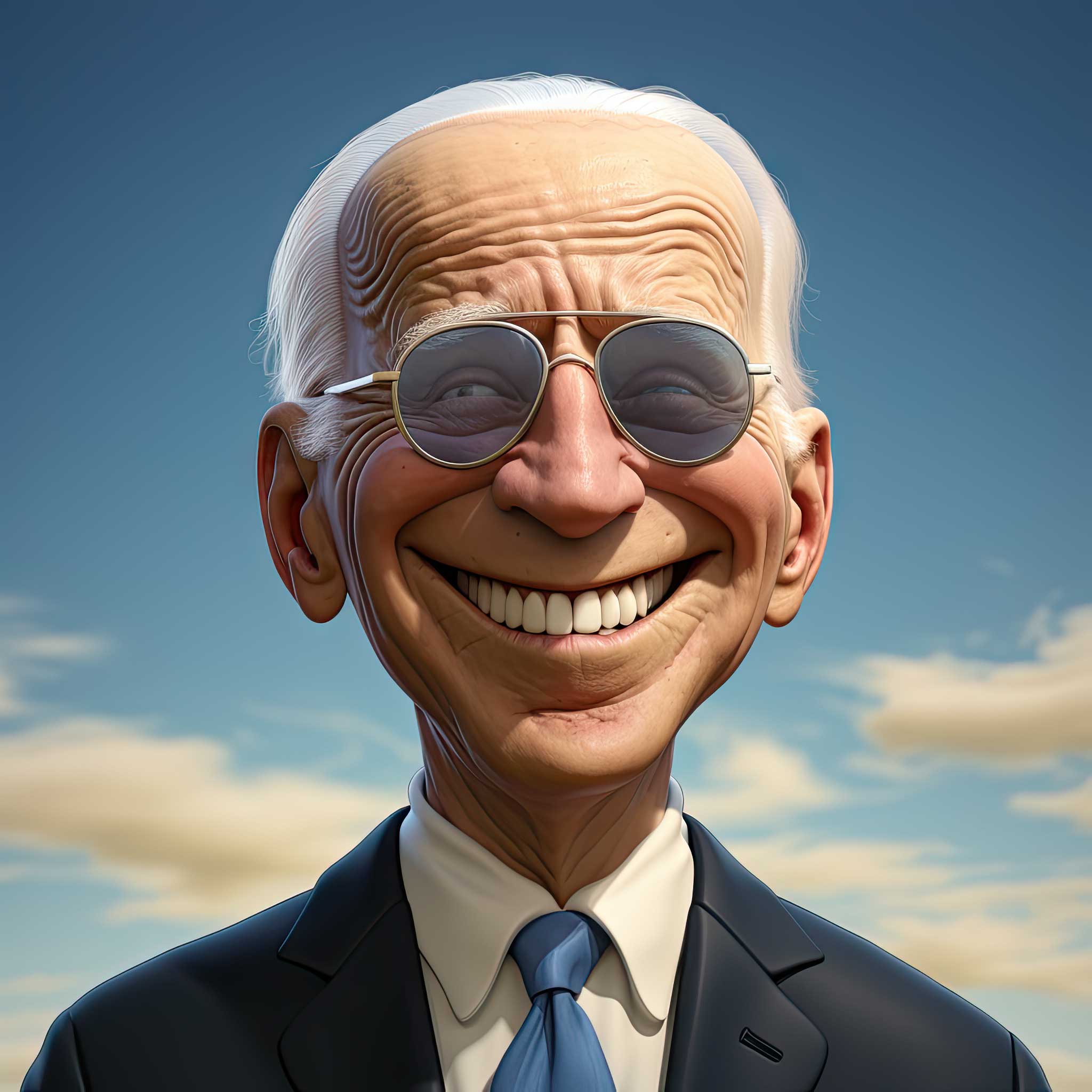 Caricature of Joe Biden smiling in a suit against a blue sky background