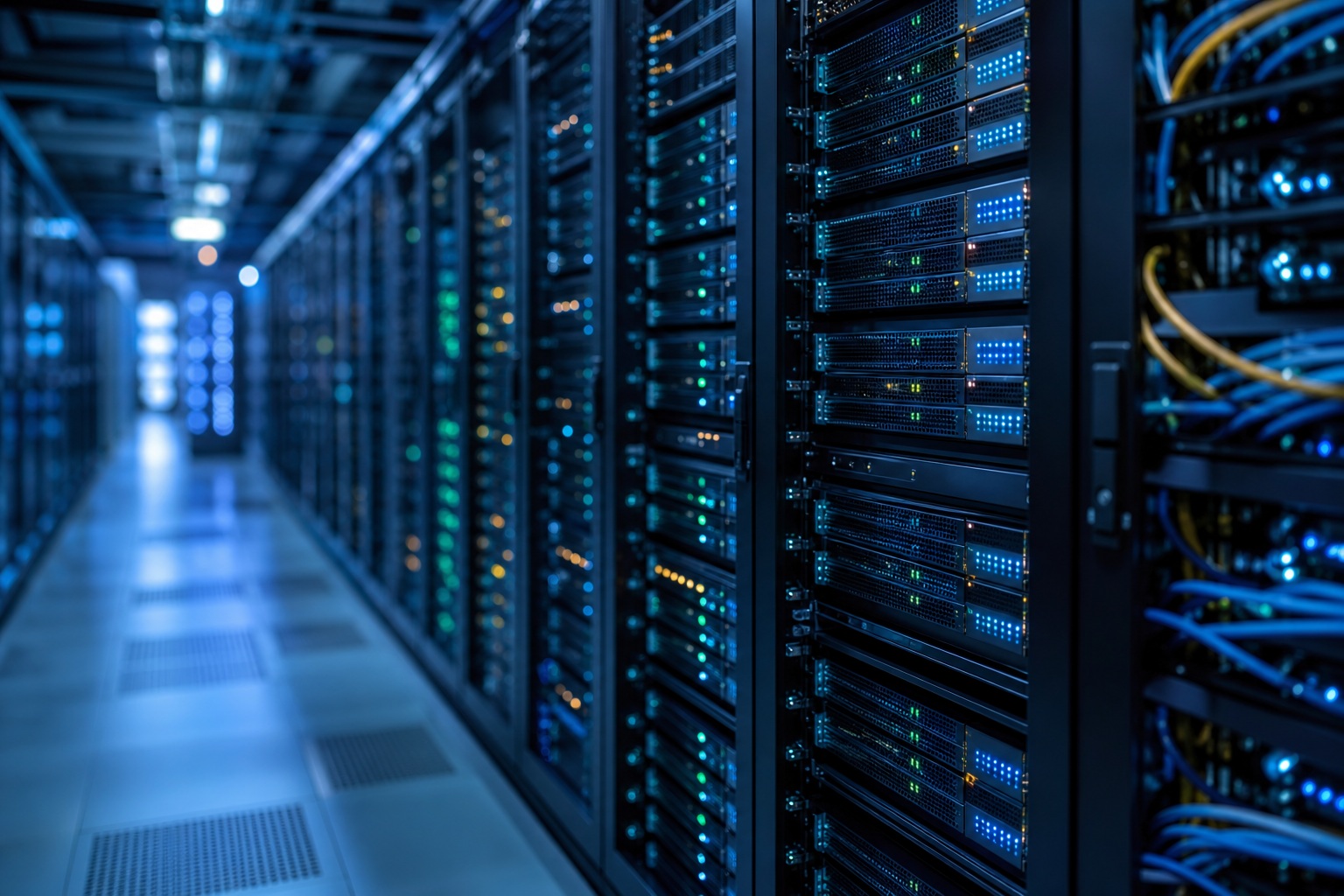 Blue-lit server racks lining a data center corridor with visible network cables.