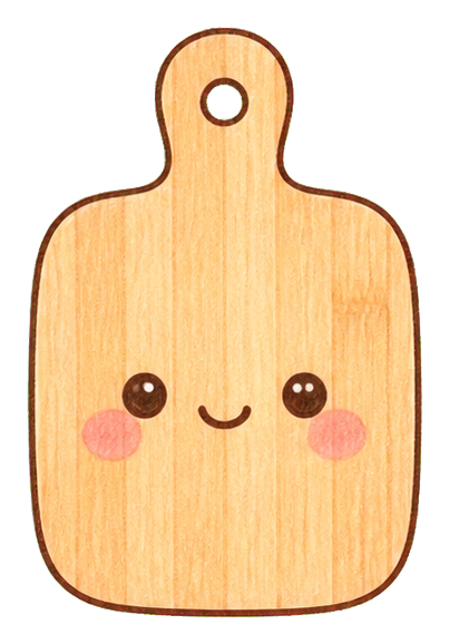 Cute wooden cutting board character with a smiling face and pink cheeks