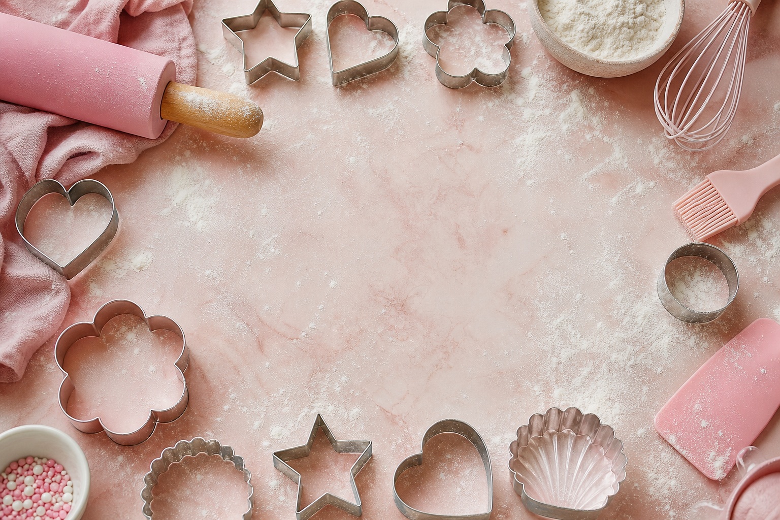 Pastel baking tools and cookie cutters scattered on a flour-dusted surface.