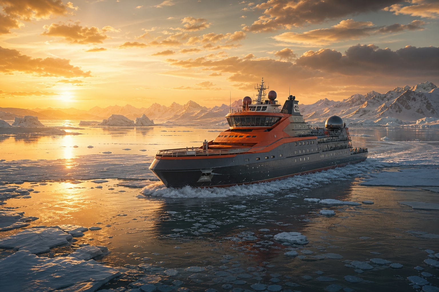 Icebreaker ship sailing across reflective water under a golden sunset with snowy mountains in the distance.