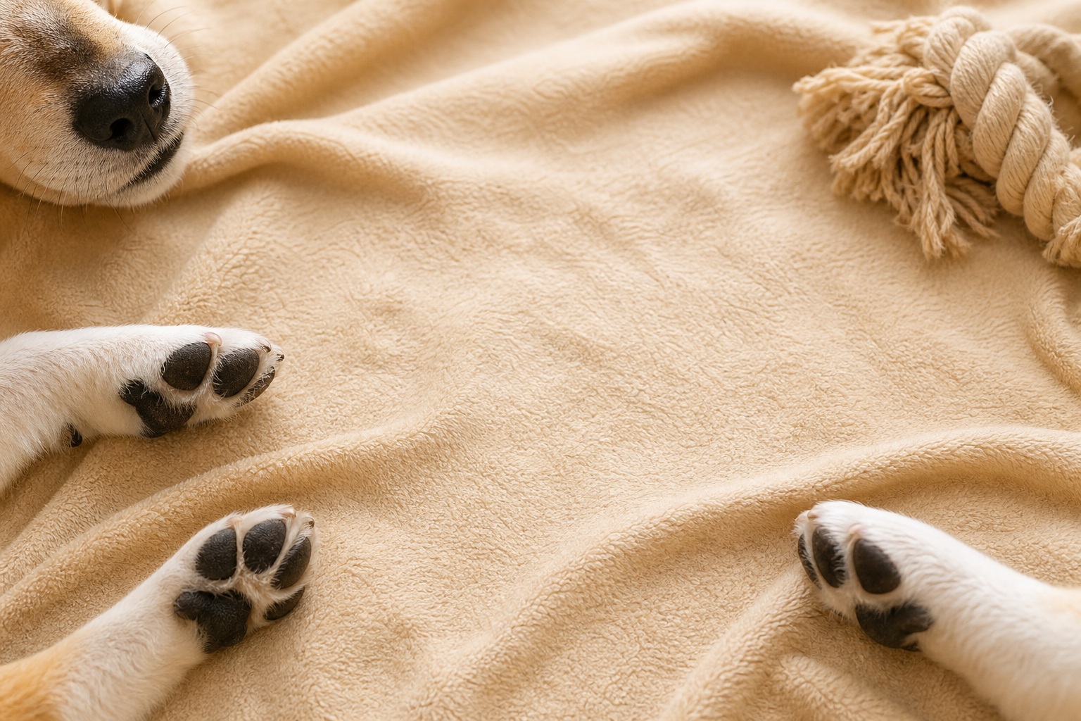 Dog paws resting on a cozy beige fabric background with a rope toy