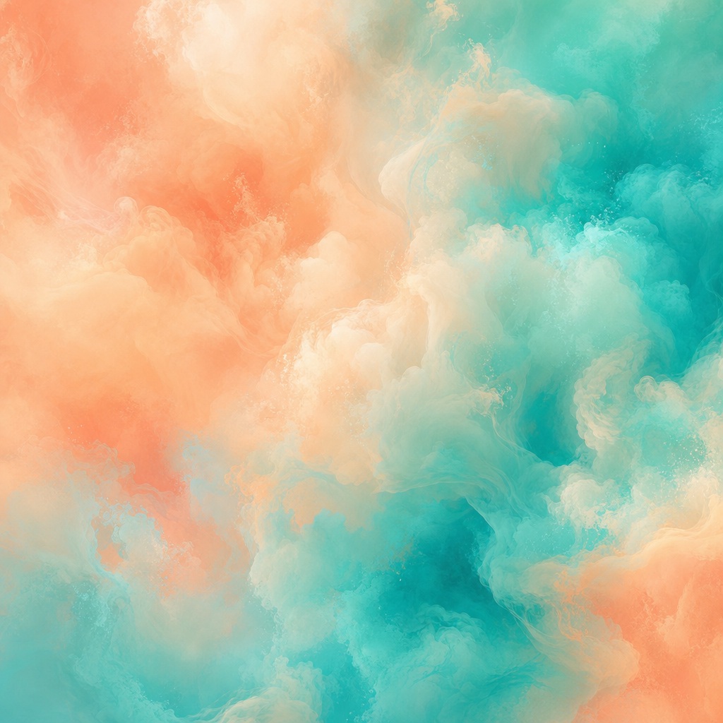 Abstract peach and teal vapor-like gradient with soft cloudy haze in a square layout.
