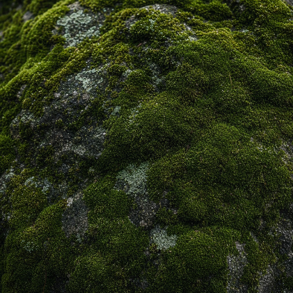 Close-up of moss covered stone with dense green natural texture