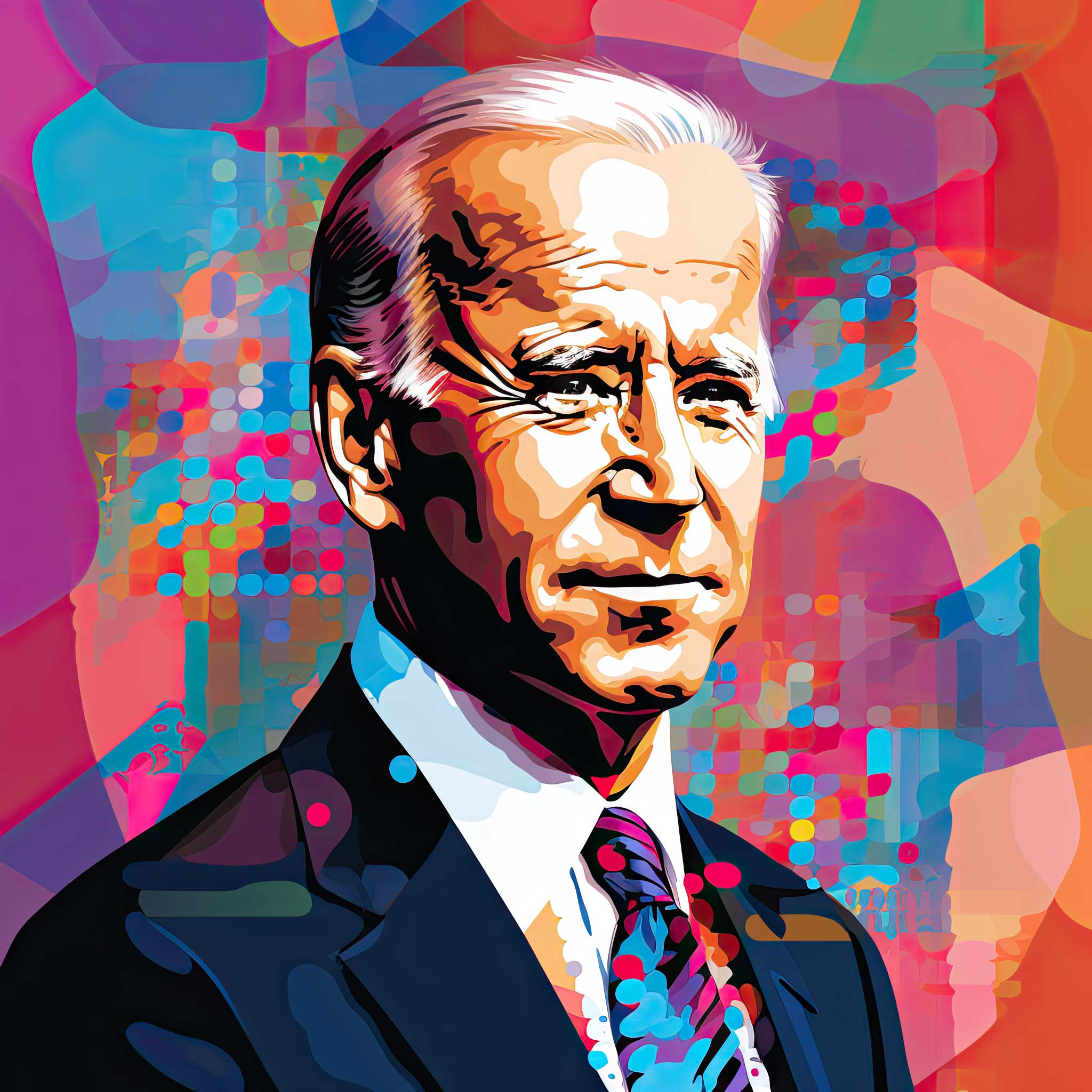 Stylized colorful portrait of Joe Biden in a suit and tie