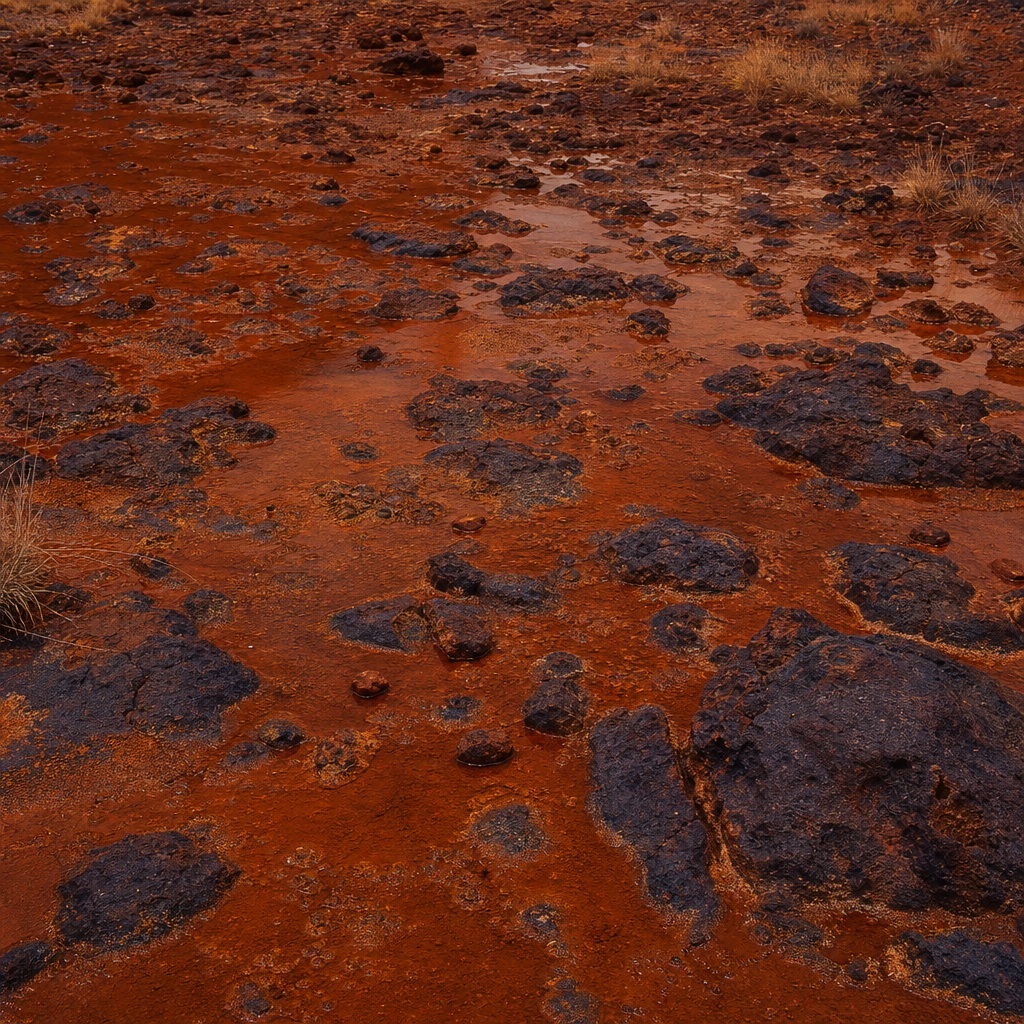 Rust-colored mineral terrain with dark rocky patches across a flat landscape.