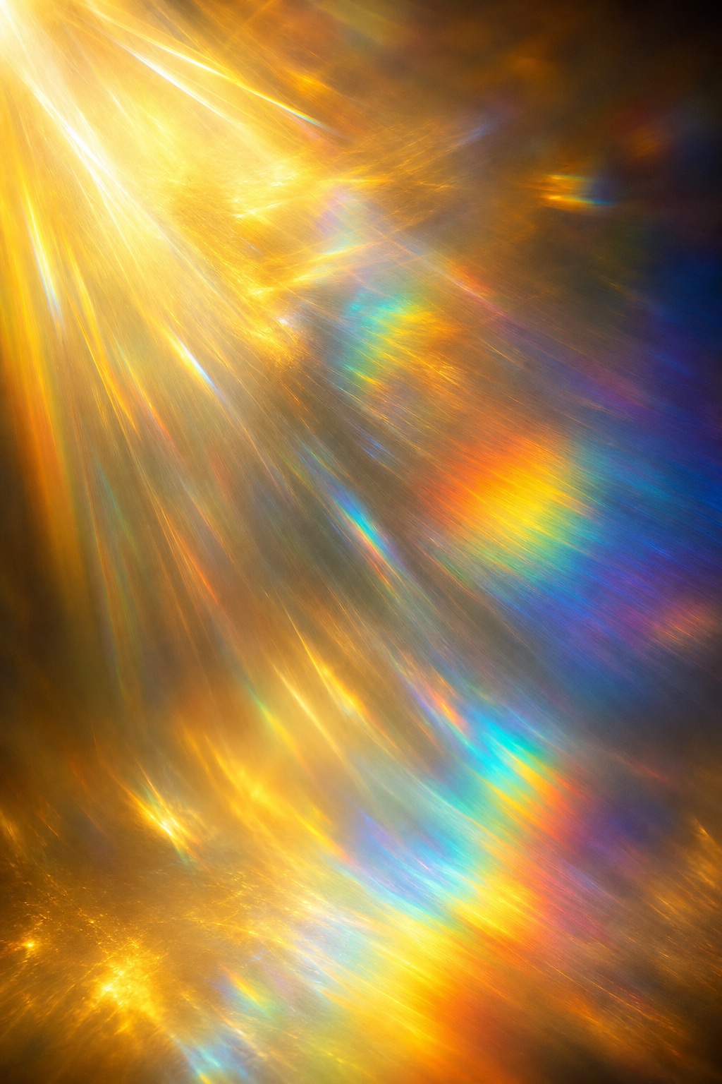 Vertical abstract background with golden streaks, rainbow refraction, and soft glowing light