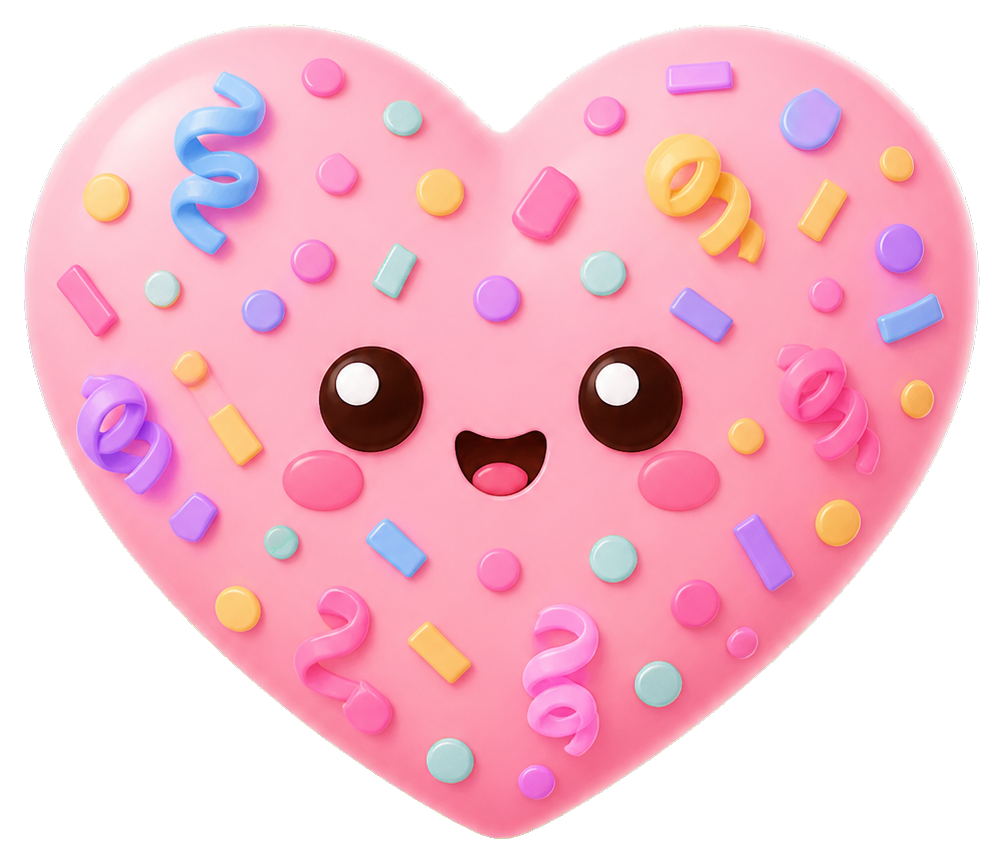 Pink heart sticker with a smiling face and colorful confetti sprinkles