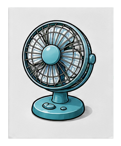 Blue desk fan illustration on a dark background.