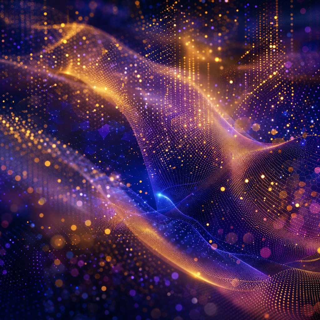 Abstract gold and indigo luminous points with flowing light waves across a dark background