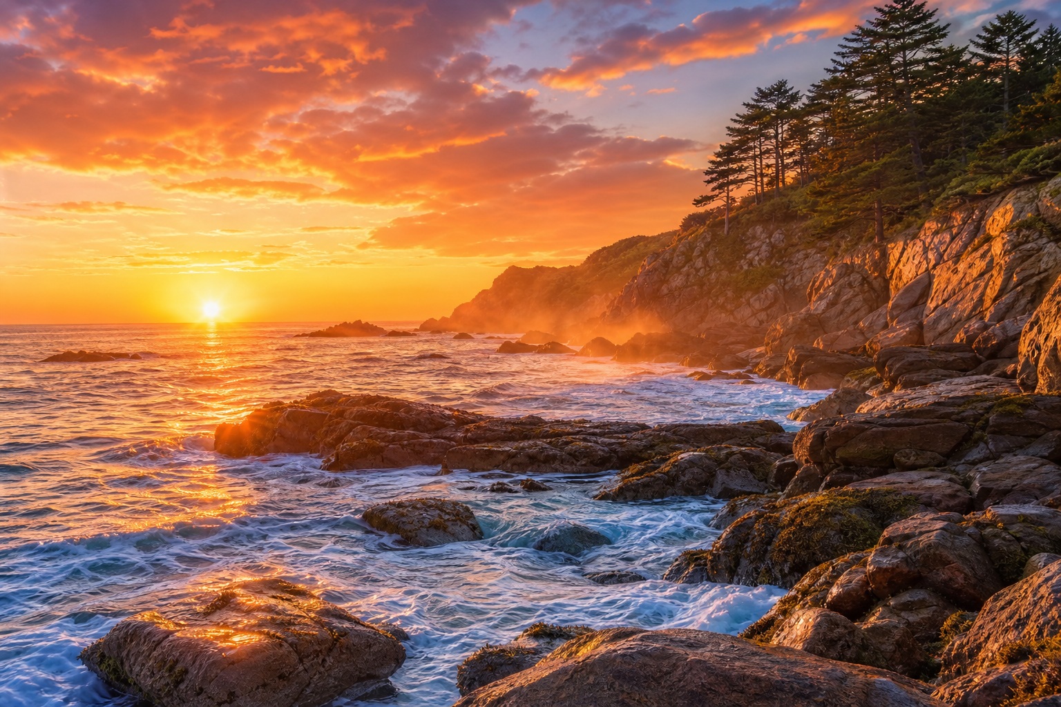 Sunrise over a rocky coastline with waves, cliffs, and warm orange sky.