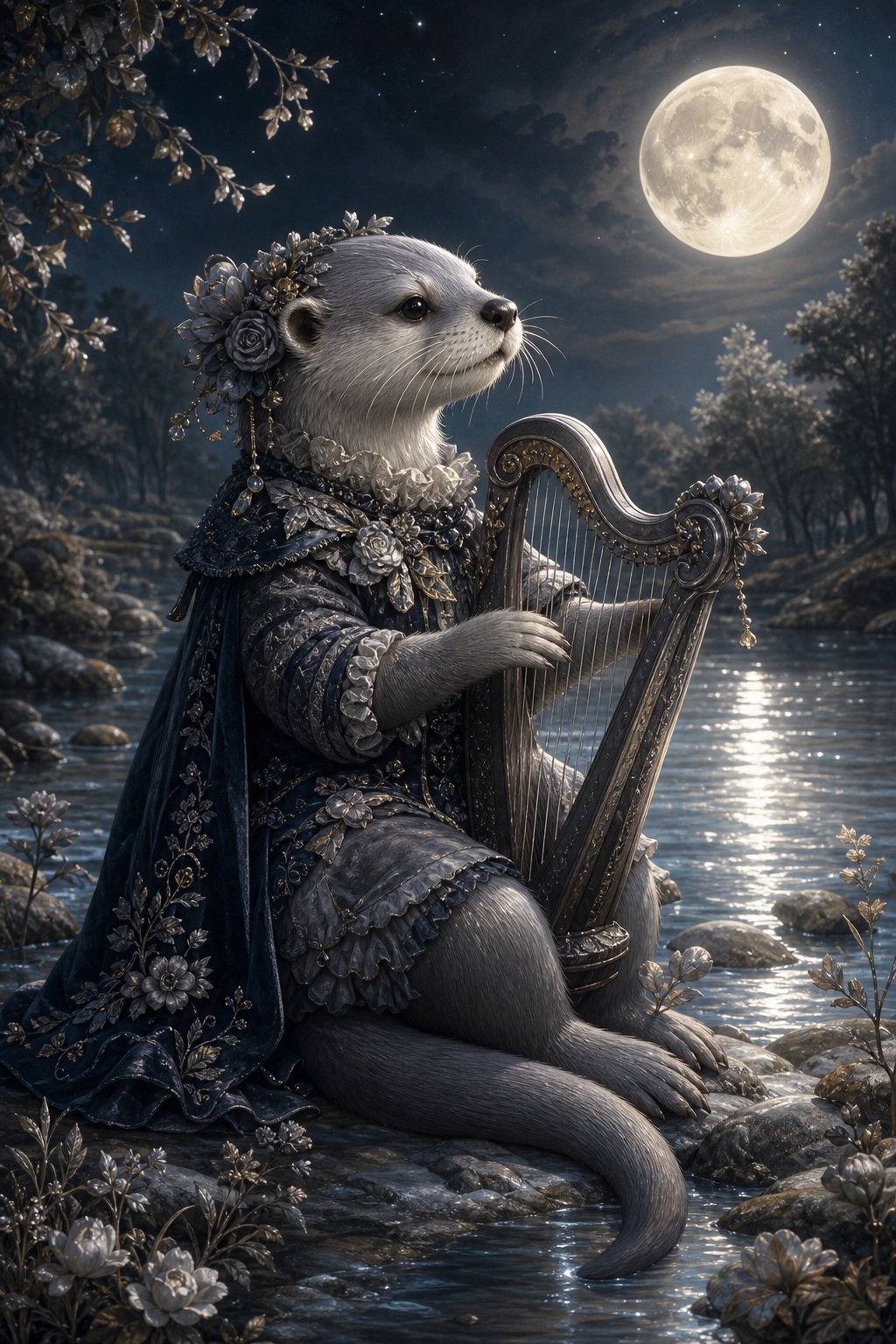 Silver otter in ornate clothing playing a harp by a moonlit river at night