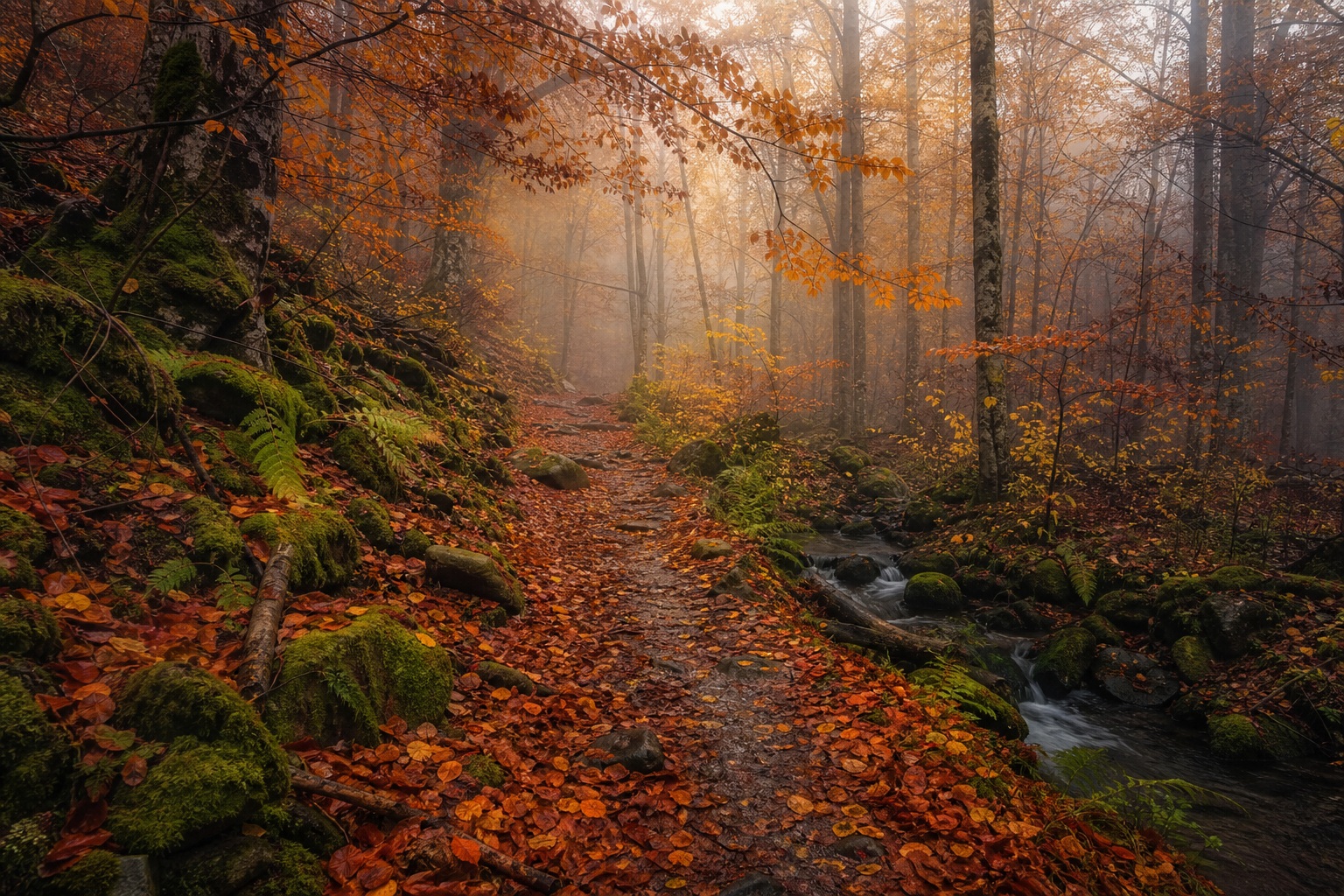Preview for Autumn Fog Path Forest Background