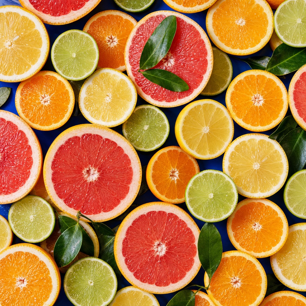 Overhead flatlay of sliced grapefruit, oranges, and limes on a cobalt blue background