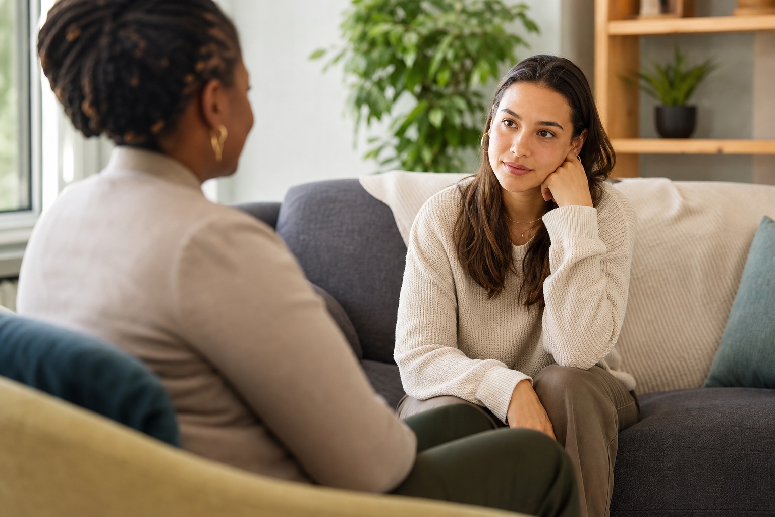 Two women sitting on a couch and talking in a modern living room.