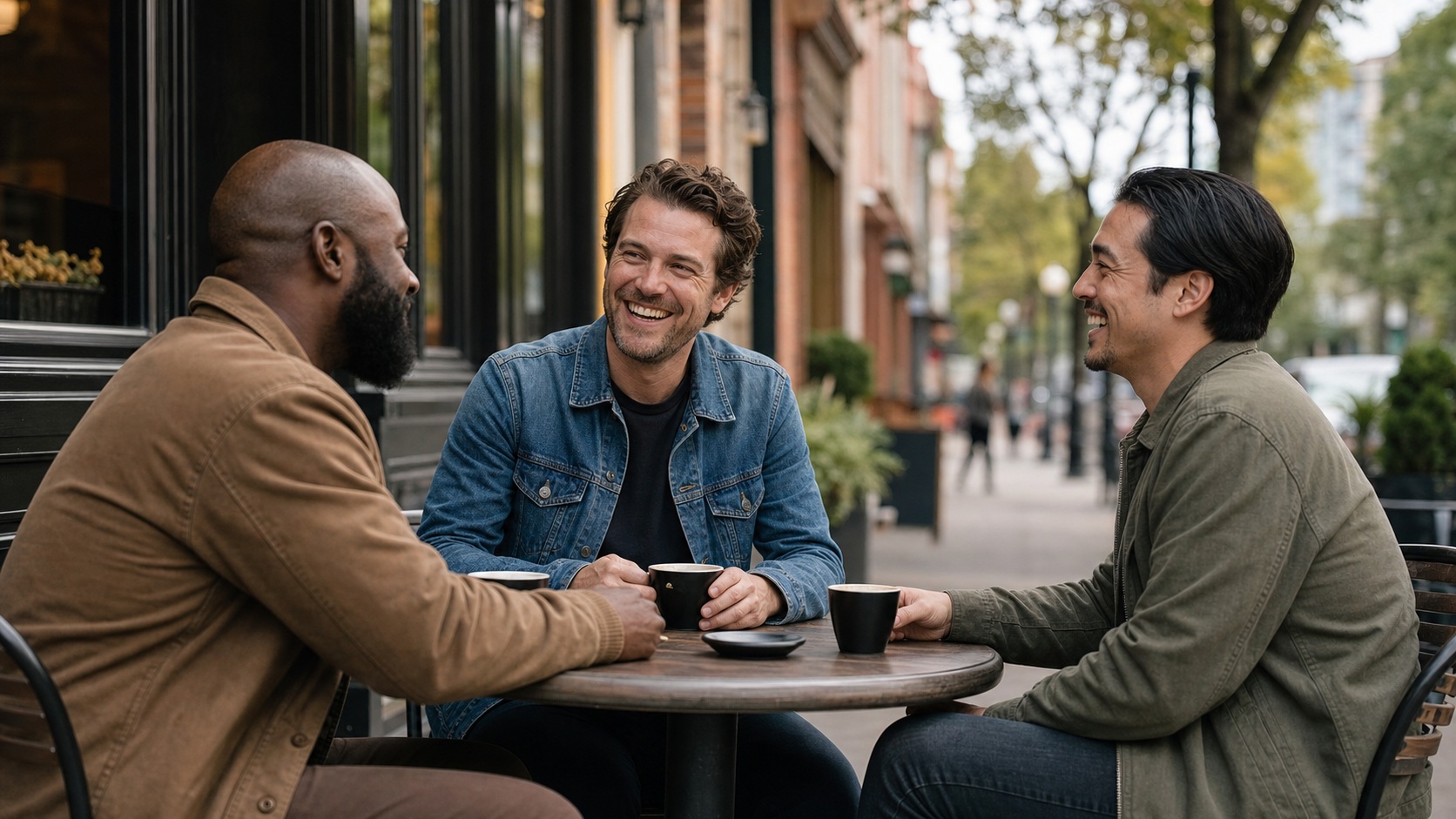 Three men sitting at a cafe table and talking over coffee.