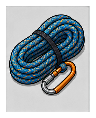 Coiled blue climbing rope with an orange carabiner on a black background