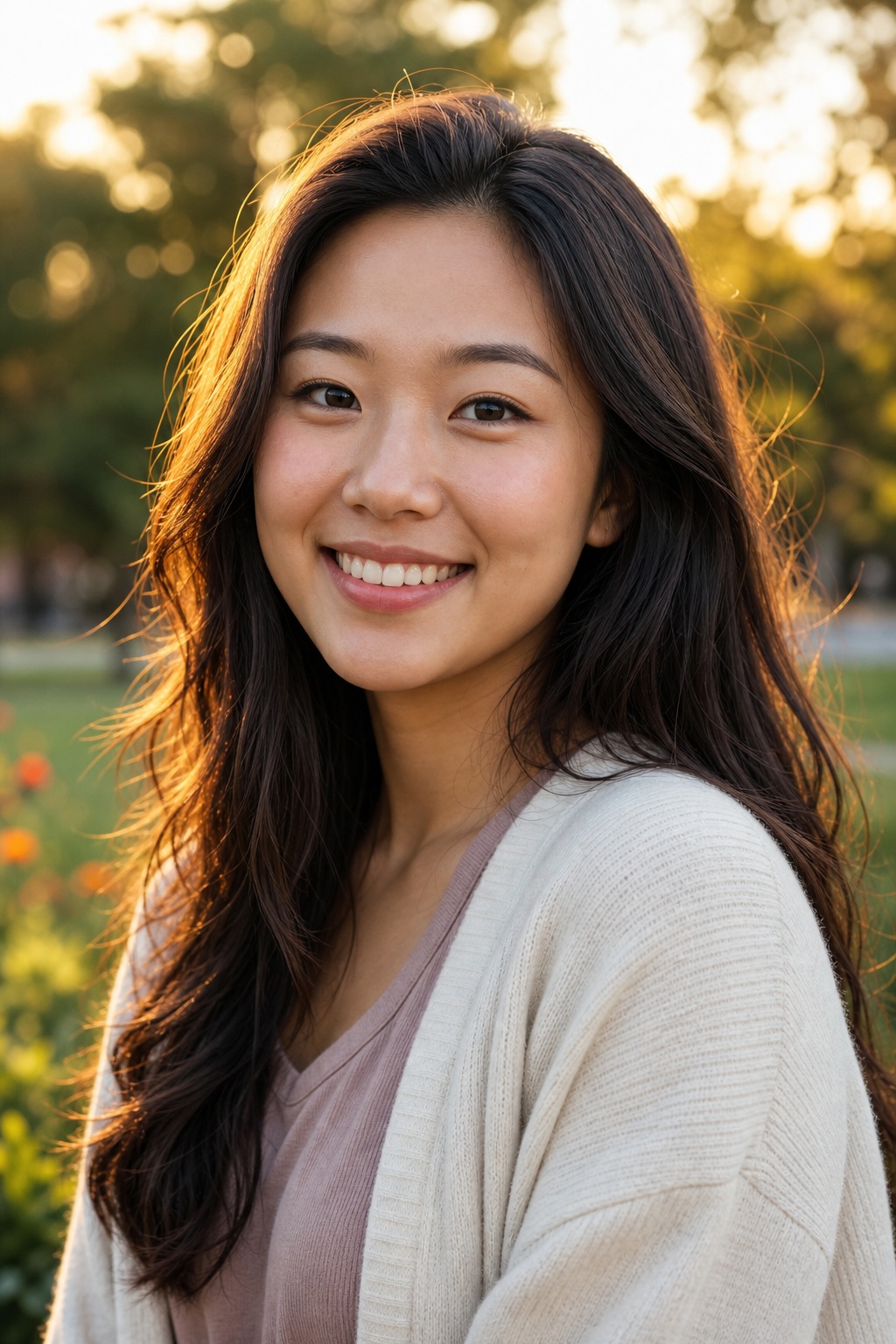 Smiling woman with long dark hair standing outdoors in warm golden hour light