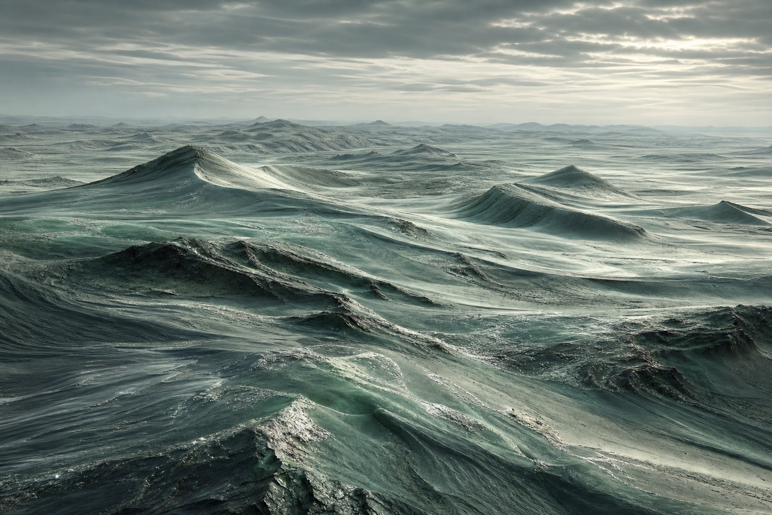 Wind-carved jade mineral dunes forming a cinematic sci-fi desert landscape.