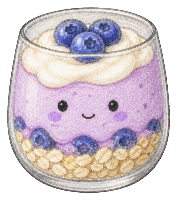 Cute smiling blueberry yogurt parfait in a glass cup with berries and cream