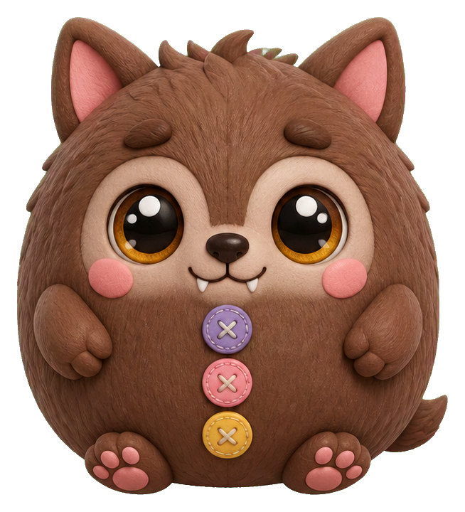 Round brown baby werewolf with big eyes, pink cheeks, and button details on its chest.