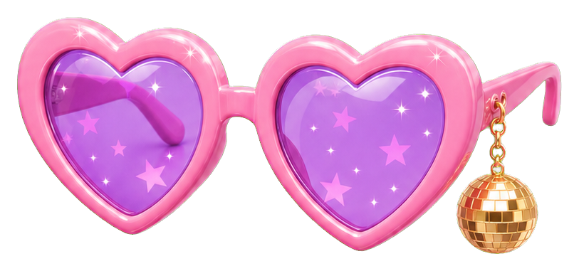 Pink heart-shaped sunglasses with sparkly lenses and a small disco ball charm