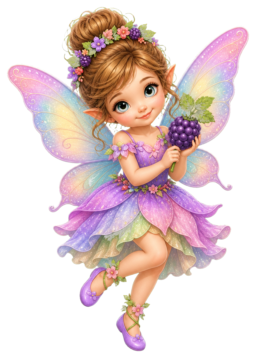 Cute fairy in a purple dress holding a cluster of berries