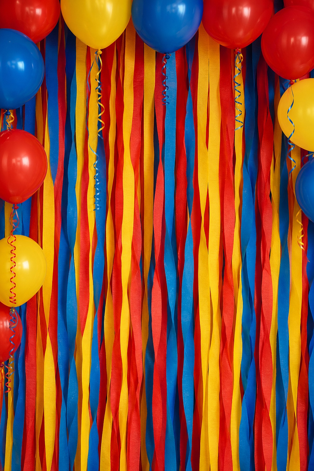 Colorful vertical streamers with red, yellow, and blue balloons and confetti