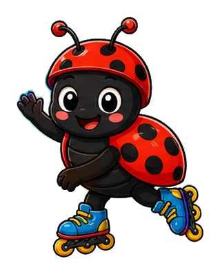 Cute ladybug wearing roller skates and waving while skating forward